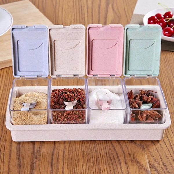 

4 grids wheat straw spice box spice jar seasoning storage box condiment cruet storage container kitchen condiment pepper