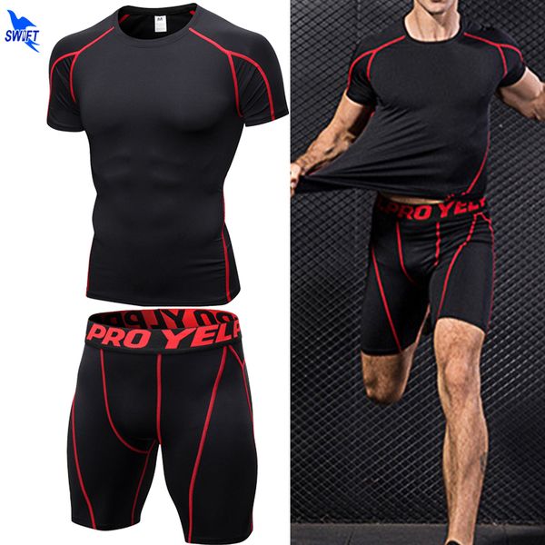 

running sets summer compression men's quick dry gym fitness training tracksuit short set jogging sport suit sportswear jerseys, Black;blue