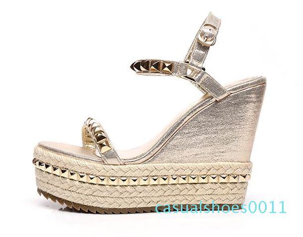 

2019 gold rivets straw knitting platform high heel shoes designer shoes c11, Black