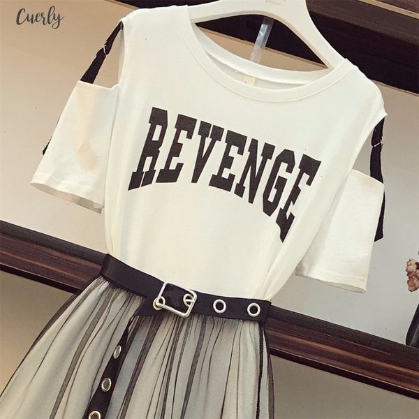 

2 piece set summer womens cotton long strapless t shirt mesh see through skirt sets women holes belt skirts suits, White
