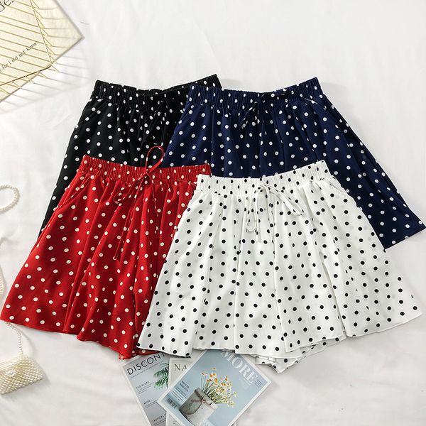 

4 colors women bohemian polka dot shorts summer loose fit drawstring shorts casual high waist sweet girls, White;black