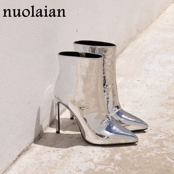

silver patent leather ankle boots 10.5cm high heels boots women winter shoes female pointed toe botas woman spring autumn, Black