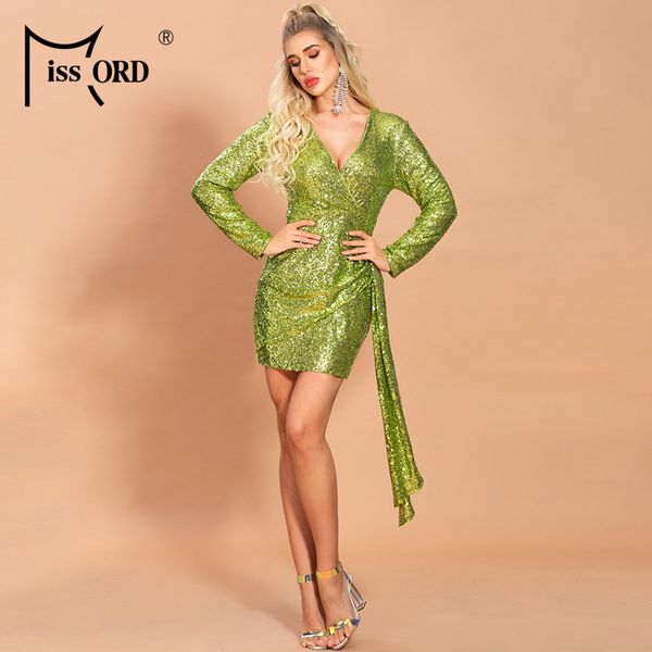 

missord 2020 women v neck long sleeve sequin dresses female elegant mini bodycon dress ft20106, Black;gray