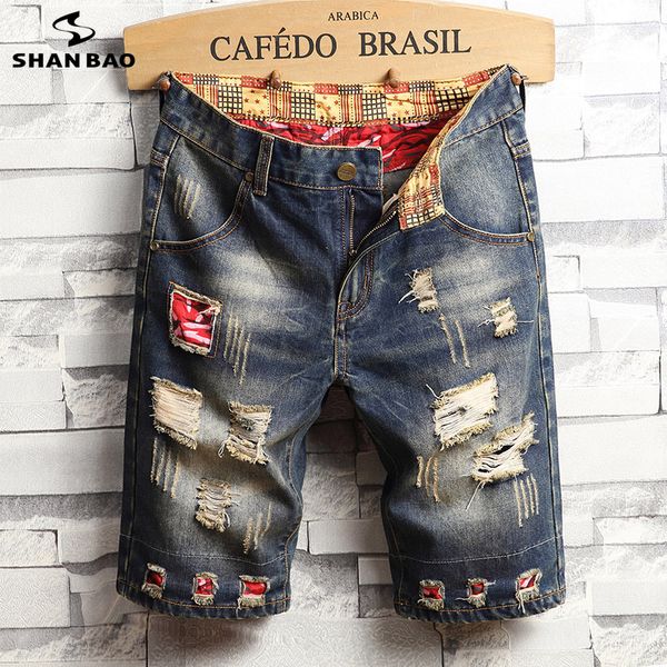 

summer fashion trend patch personality hole men casual denim shorts 2020 summer new thin section fashion straight jeans shorts, Blue