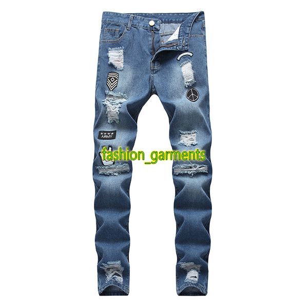 

mens hip hop jeans fashion stylist pants self-cultivation zipper hole narrow leg pants men stylist jeans, Blue
