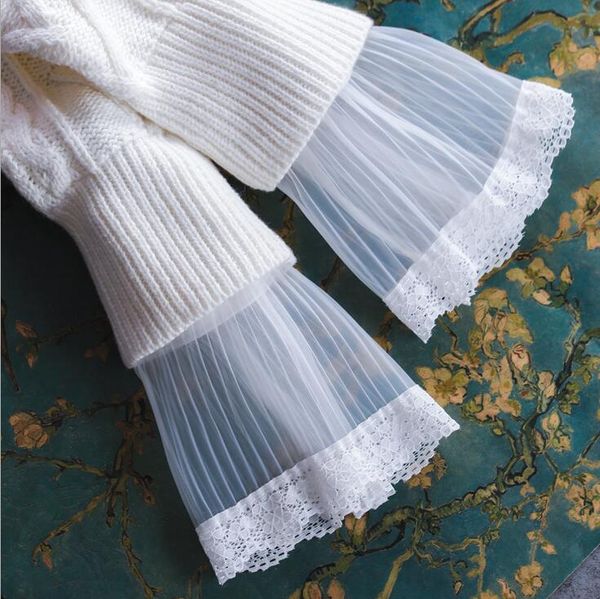 

p2435 lace folding hand bowl set lace autumn and winter women' knitted sweater gloves fake sleeves, Blue;gray