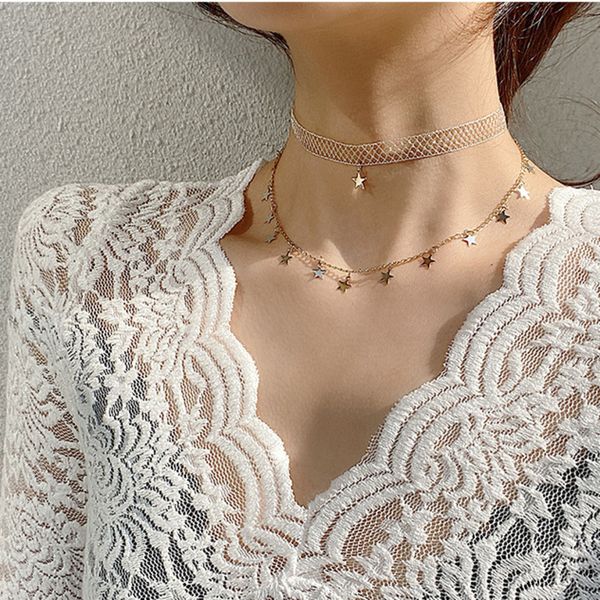 

ожерелье kpop женщины цвета золота цепи кисточка звезды и кружево choker ожерелье для женщин, Golden;silver