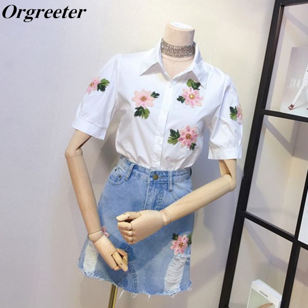 

fashion woman 2 pieces sets streetwear suits summer flower embroidery beading shirt aand hole denim short skirt suits, White