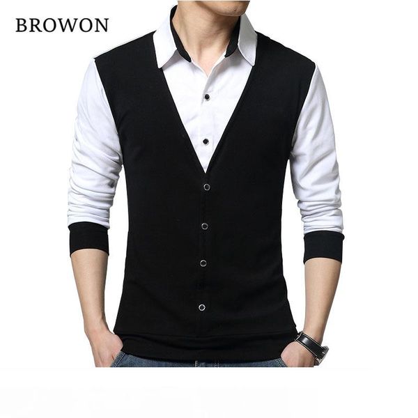 

browon brand autumn mens t shirts fashion 2017 fake two designer clothing cool t-shirt men long sleeve t shirt casual male, White;black