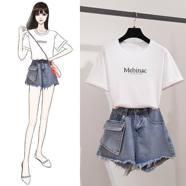 

лето письма печать с коротким рукавом t-shirt женская карманных джинсов шорты 2 шт наборы повседневной одежды, White