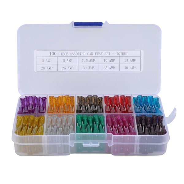 

100pcs auto car fuses assortment kit 3a-40a with fuse puller & storage box