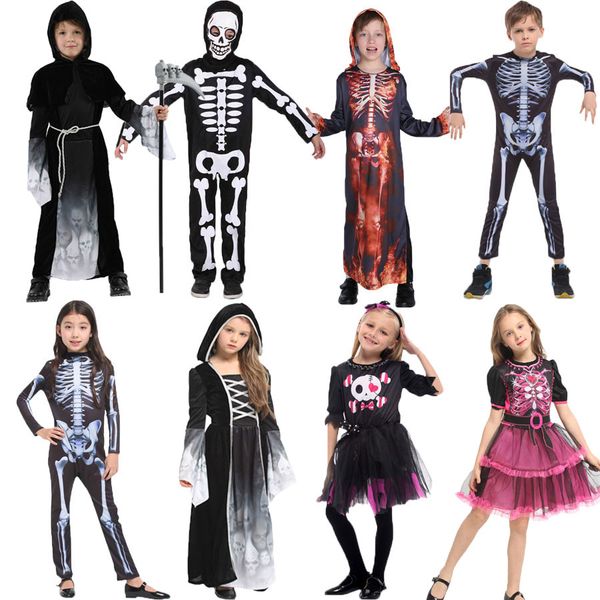

halloween party skull skeleton costumes kids child scary monster demon devil ghost grim reaper costume for boys girls, Black;red