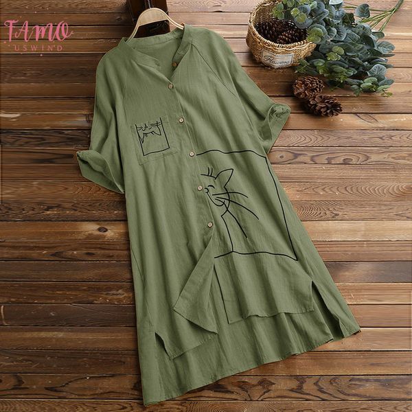 

plus size blouse women fashion 2020 loose women spring clothes linen swing vintage pocket cat print shirt, White