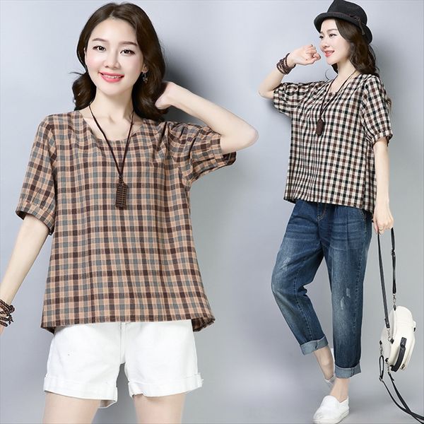 

loose casual plaid round collar short sleeve t- base shirt women's underwear cotton and linen t-shirt cotton linen fashion 2019, White