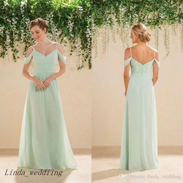 2019 Günstiges langes rückenfreies Brautjungfernkleid Mintgrün mit V-Ausschnitt Chiffon formelles Trauzeuginkleid Plus Size nach Maß