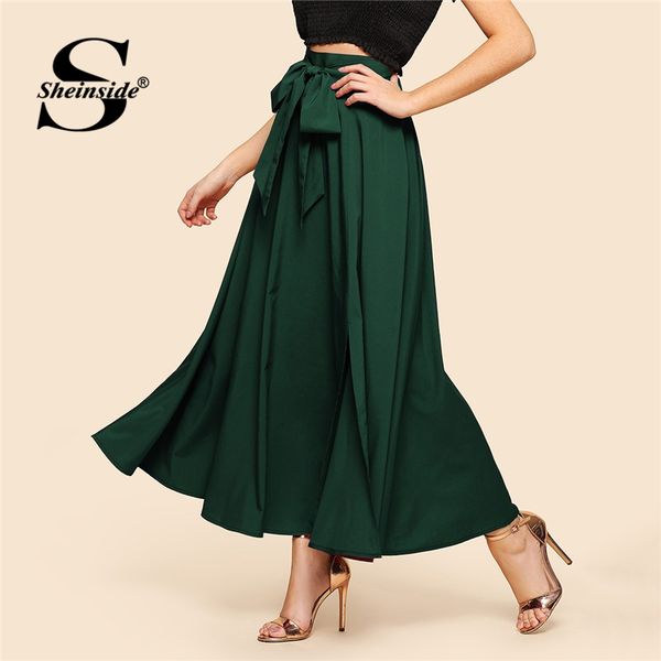 

sheinside green knot front zip back women flare maxi skirt ladies ol work elegant high waist skirts womens a line pleated skirt, Black;gray