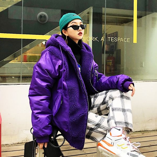 

guochao hip-hop stitching imitation lamb velvet heavy letter embroidered long sleeve bf winter cotton-padded parkas coat, Black