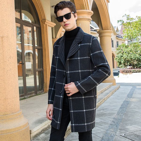

brand new mens british plaid slim fit wool coat long sleeve winter woolen blends overcoat single button business casual jacket, Black