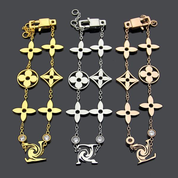 

wholesale titanium steel v-letter six four leaf flower bracelet for ladies & hollow four leaf flower bracelet, Golden;silver