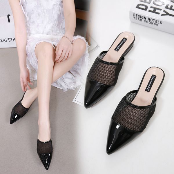 

fashion pointed toe mules women mesh patchwork slippers low heels shoes slip on slides patent leather zapatos mujer size 35-40, Black