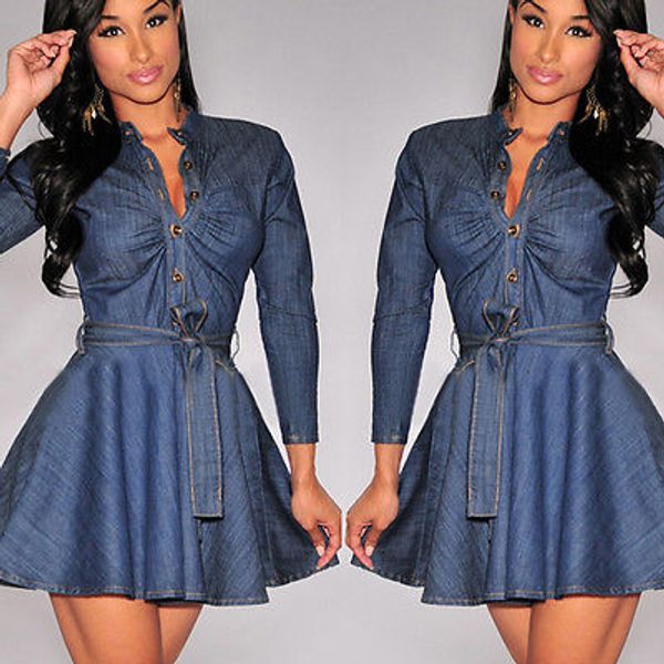 

denim jeans dress bowknot belt long sleeve dresses fashion women slim fit blue jean dress plus size, Black;gray