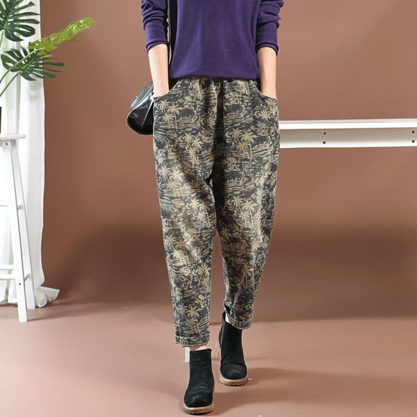 

jeans women print vintage elastic waist full distressed length casual harem pants wild 2019 fashion denim jeans tide, Blue
