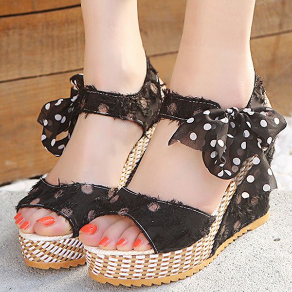 

women sandals hand made polka-dot party women heels suede bow-knot decoration platform sandals open toe shoes, Black