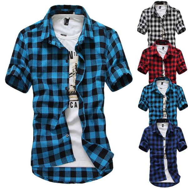 

men's casual shirts mens button shirt short sleeve lattice plaid painting large size blouse camisa manga curta 2021, White;black