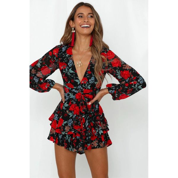 

fashion women summer red floral print long sleeve v-neck jumpsuit playsuit ladies casual beach short romper, Black;white