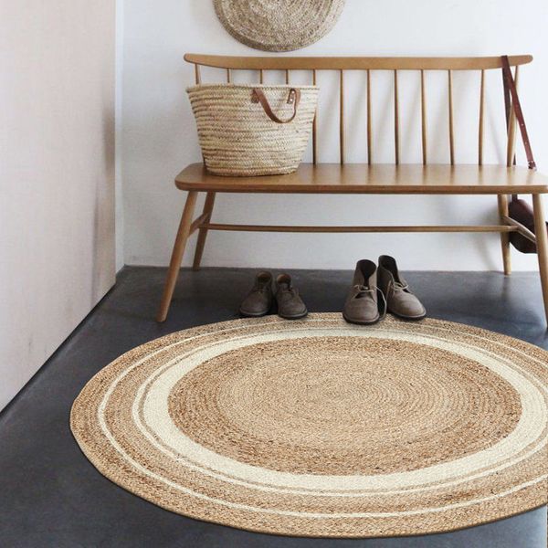 

natural quality jute handmade knitted living room rug round shaped decorative bedside carpet cool mat for summer