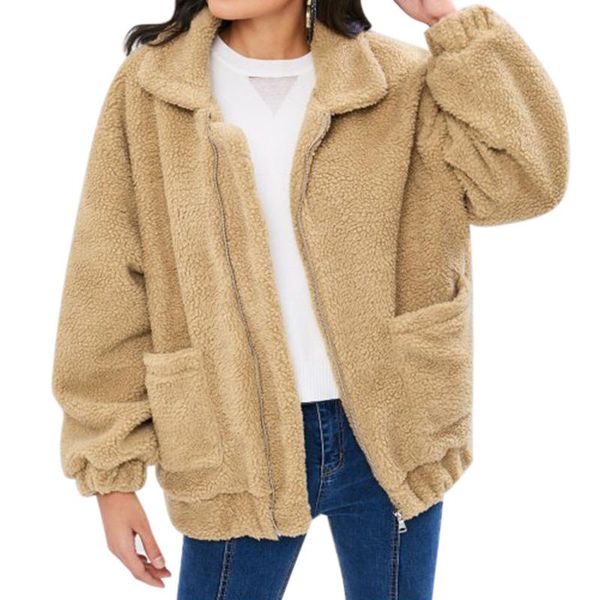 

yfashion women warm fleece jacket fashionable fluffy coat zipper long sleeve top, Black;brown