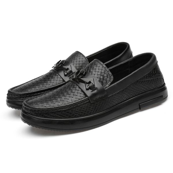 

men's loafers genuine leather shoes knitted man business loafer crocodile driving shoes, Black
