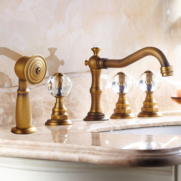 

basin faucets antique brass deck 5 holes bathtub mixer faucet handheld shower widespread bathroom faucet set water tap