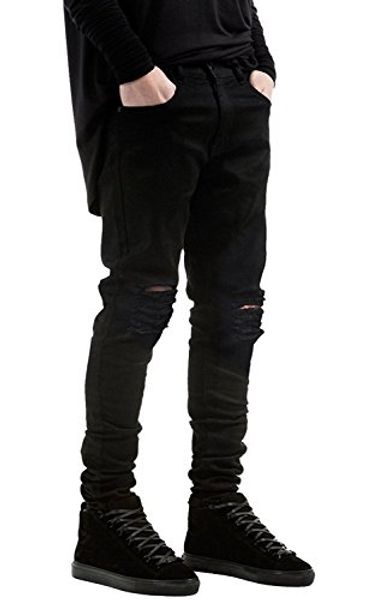 

lamcord men's stretch slim fit destroyed ripped holes denim pants skinny jean, Blue