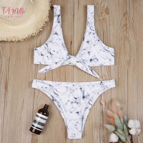 

enchanting women split swimwear marble print padded bra halter bikini beachwear wrapped chest womens swimsuits biquinis, White;black
