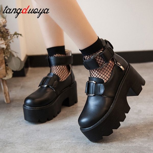

lolita shoes platform round toe hollow out women female high chunky heels flange bottom casual ankle buckle pumps high heels, Black