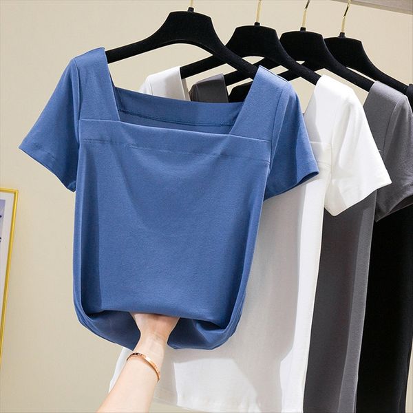 

2020 темперамент, показывая u- базового белого квадрата тонкого с короткими рукавами футболка 2020 темпераментом, показывая u-воротник базов, White