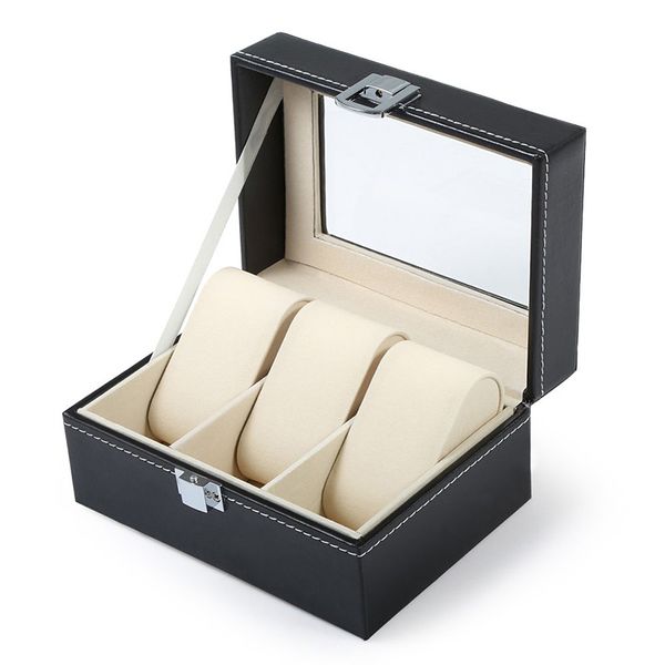 

3 grids black leather watch box jewelry display box transparent skylighty watch, Black;blue
