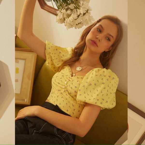 

women's t-shirt women 2021 fashion vintage print t-shirts girls woman's summer buttons square collar yellow cropped female short, White