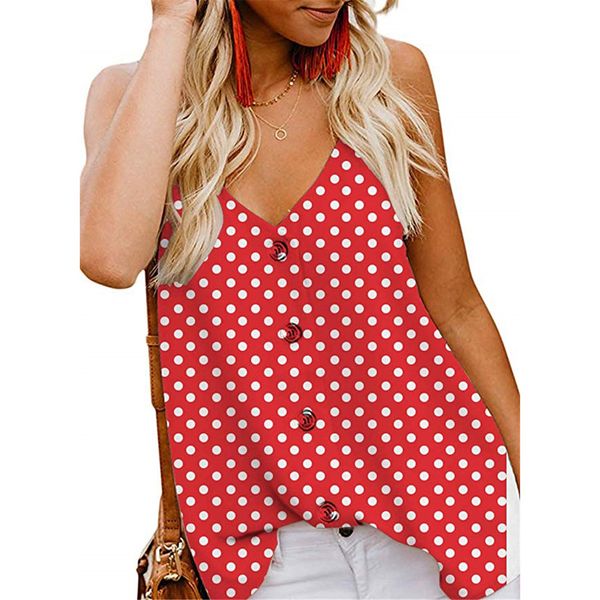 

womens ladies blouse party summer polka dot tanks beach loose cami spaghetti strap buttons v neck, White