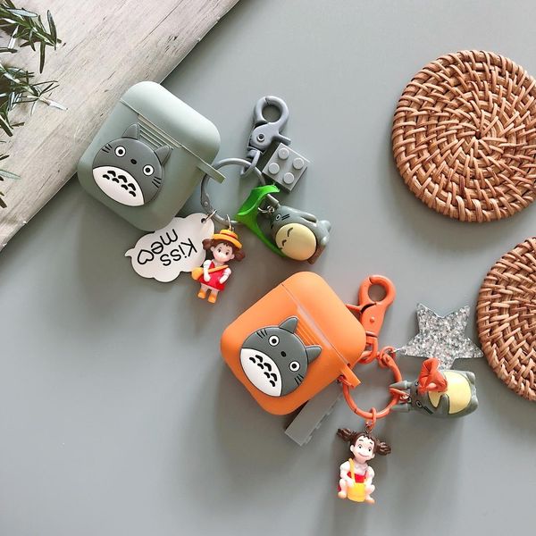 

cute my neighbor totoro key chain silicone case cover for apple airpods 1 2 case keychain key ring earphone earbuds cover, Silver