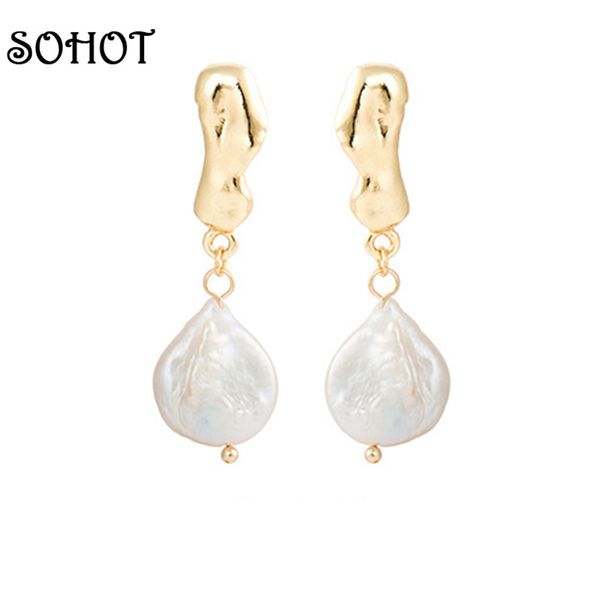 

soboho style irregular alloy baroque freshwater pearls pendant hoop earrings romantic beach jewelry brincos, Golden;silver