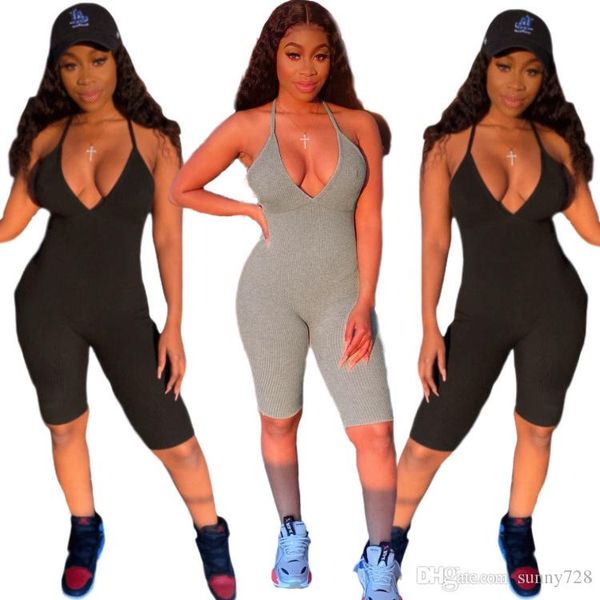 

solid backless women shorts jumpsuits spaghetti v neck sleeveless skinny casual sports playsuits stretchy nightclub rompers summer, Black;white
