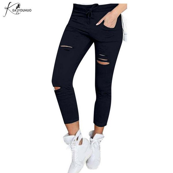 

summer high waist pants denim pants holes destroyed knee pencil casual black stretch ripped jeans pantalon femme, Blue
