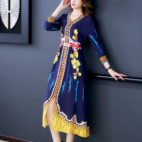 

beach navy silk dress elegant spring summer vintage printed mid-calf floral dresses plus size v neck split modern lady vestidos, Black;gray