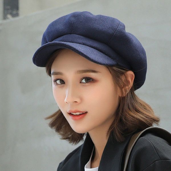 

autumn winter woolen octagonal cap ladies stylish and elegant beret hat trend solid color octagonal hats for women, Blue;gray