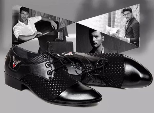 

personality men's casual pointed white leather shoes men's summer casual shoes men's wedding shoes breathable tide shadow bui, Black