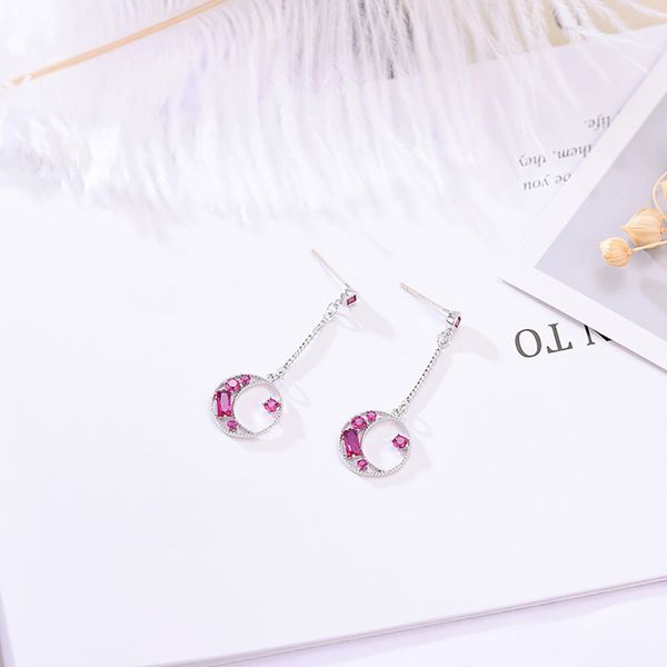 

hollow round shape moon stars pendant long tassel earrings zircon copper dangle ear stud jewelry gift, Silver