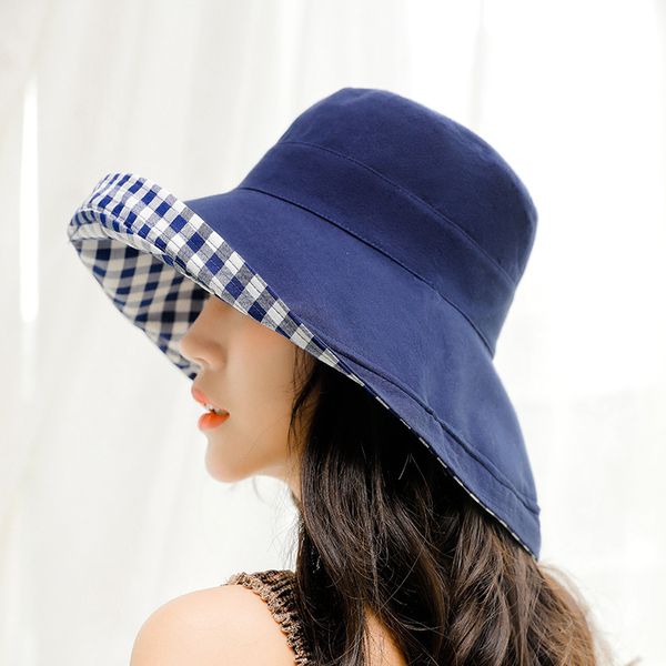 

2019 spring and summer solid color bucket cap double-sided wear loose lattice sunscreen fisherman hat sun hat uv protection cap, Blue;gray