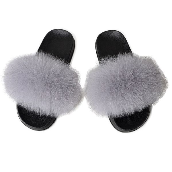 

women 2020 sliders casual fox hair flat fluffy fashion home summer big size 45 furry flip flops shoes real raccoon fur slippers, Black
